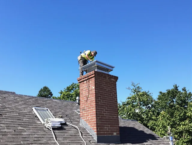 Rocky River Chimney Sweep technician measuring a chimney cap in Rocky River, OH