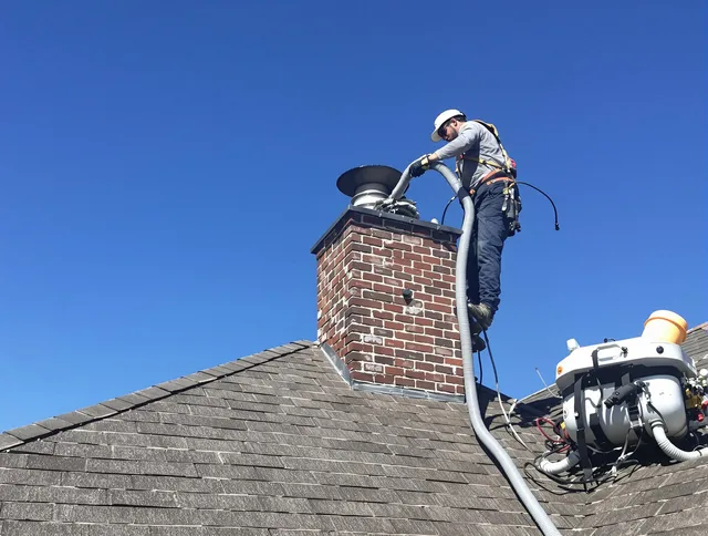 Dedicated Rocky River Chimney Sweep team member cleaning a chimney in Rocky River, OH