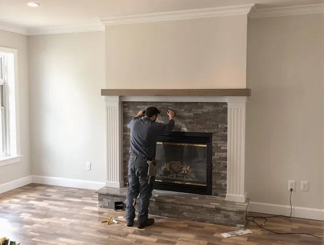 Rocky River Chimney Sweep finishing a custom fireplace install in Rocky River, OH